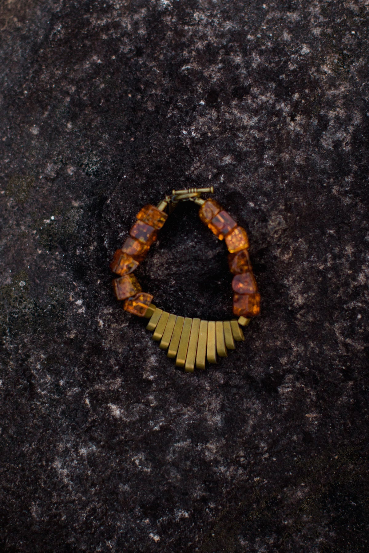 Small Baltic Amber Cube & Antique Brass Hematite Fan Goddess Bracelet