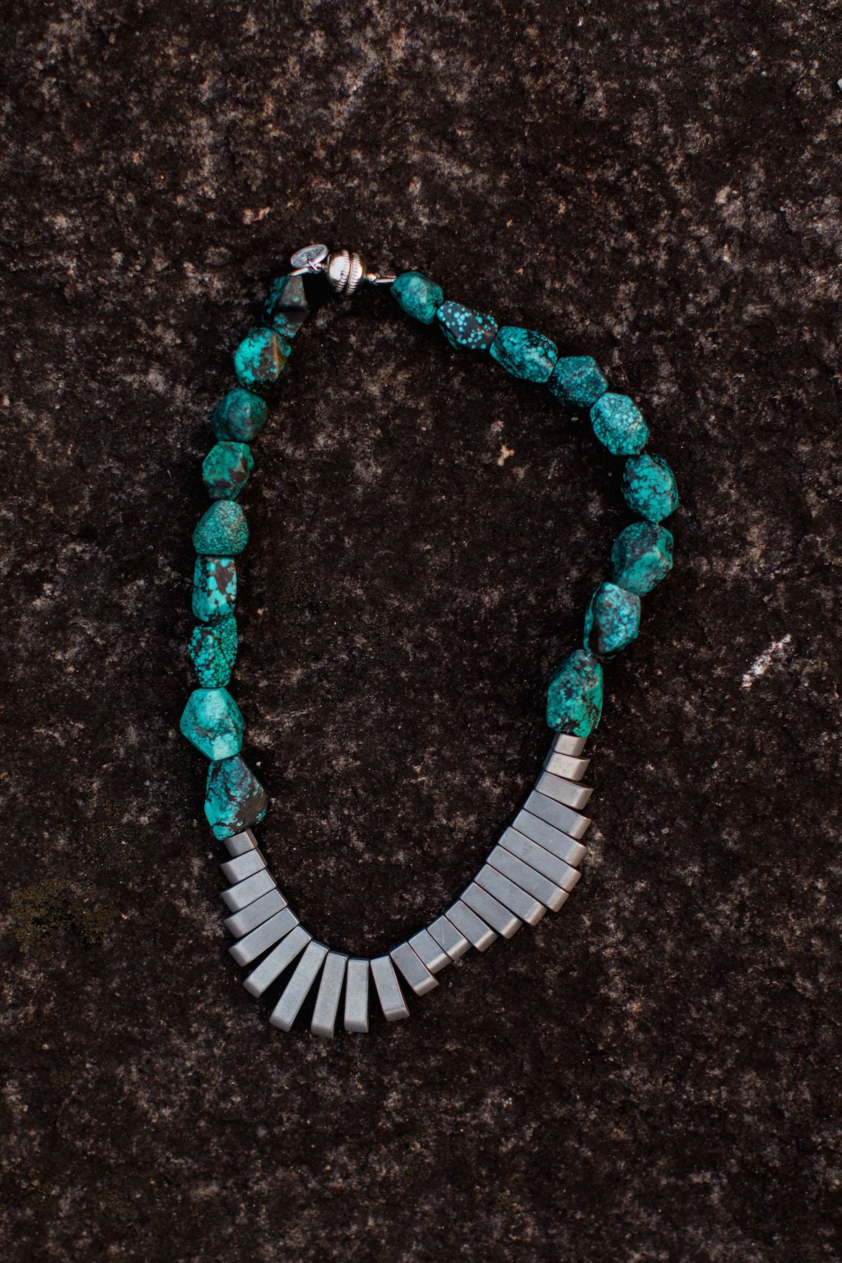 Turquoise & Antique Silver Hematite Fan Collar Necklace