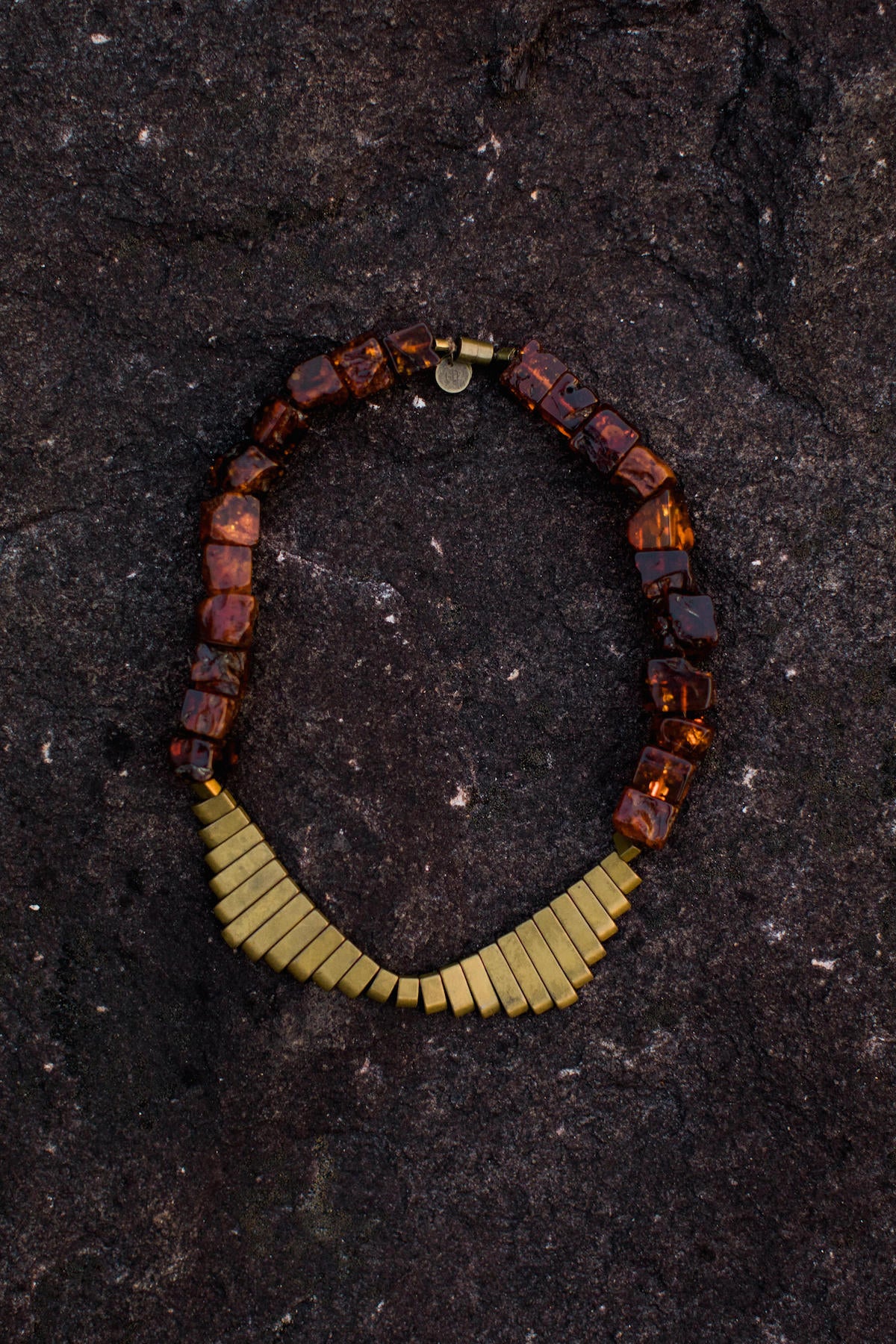 Large Baltic Amber Cube & Antique Brass Hematite Fan Collar Necklace