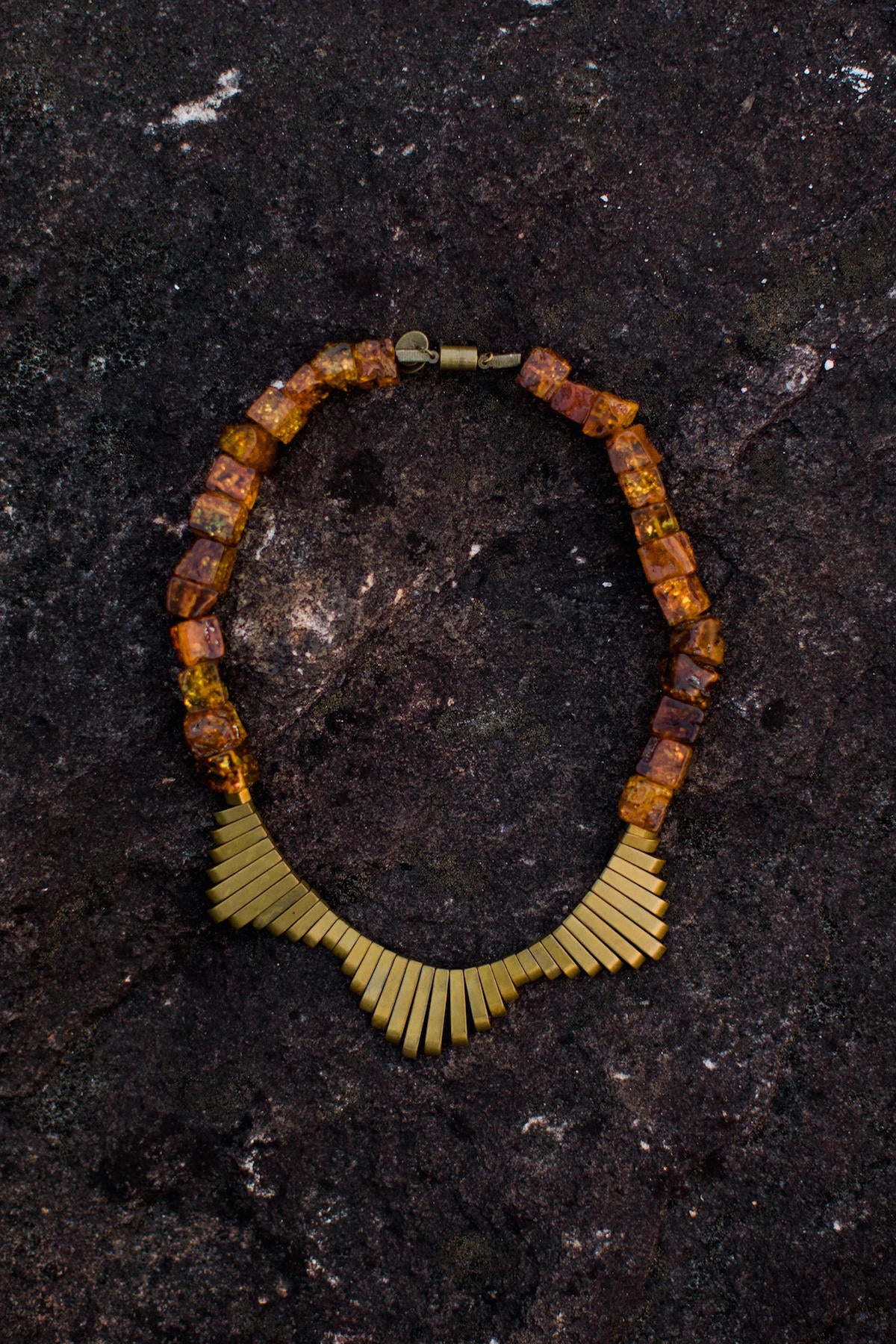 Small Baltic Amber Cube & Antique Brass Hematite Fan Collar Necklace