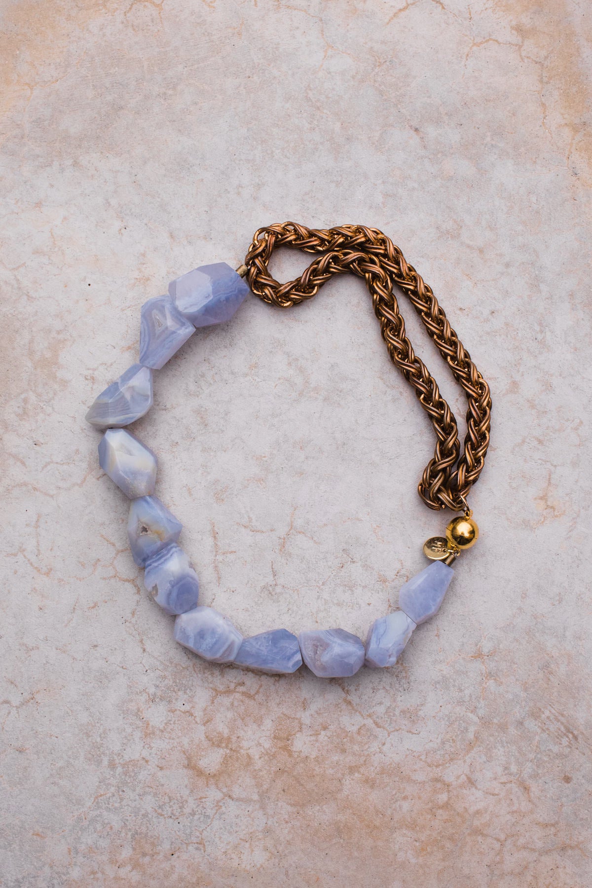 Blue Lace Agate Antique Gold Rope Chain Necklace