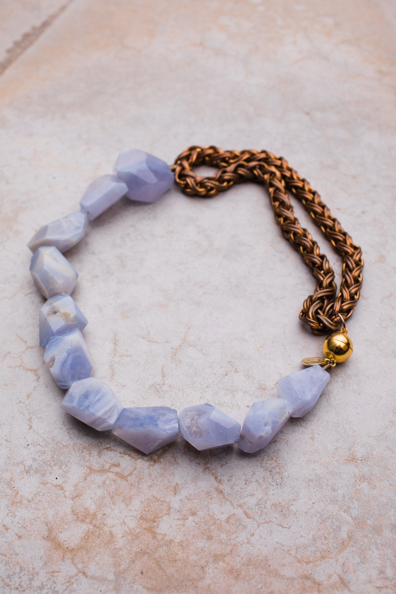 Blue Lace Agate Antique Gold Rope Chain Necklace